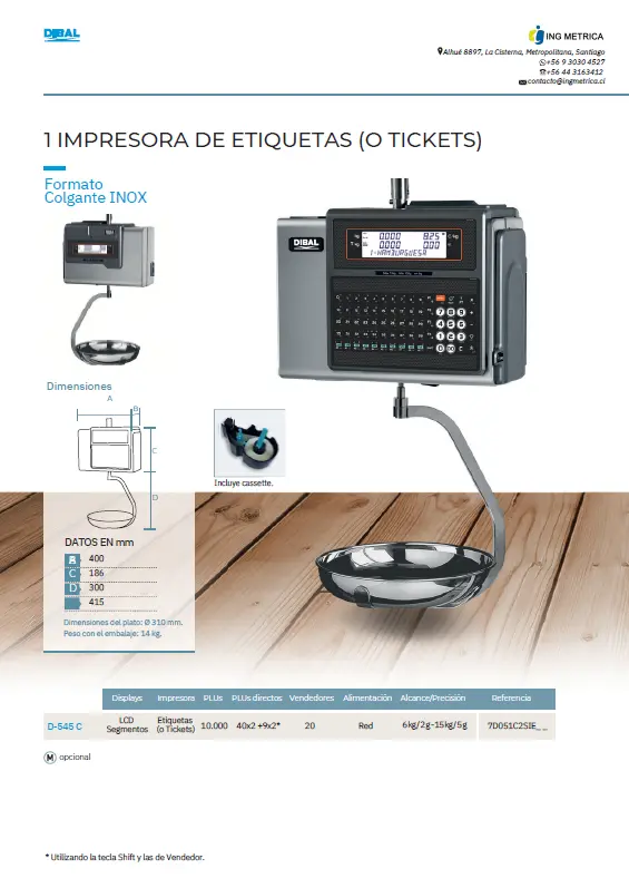 BALANZA COLGANTE ELECTRÓNICA DIBAL CHILE